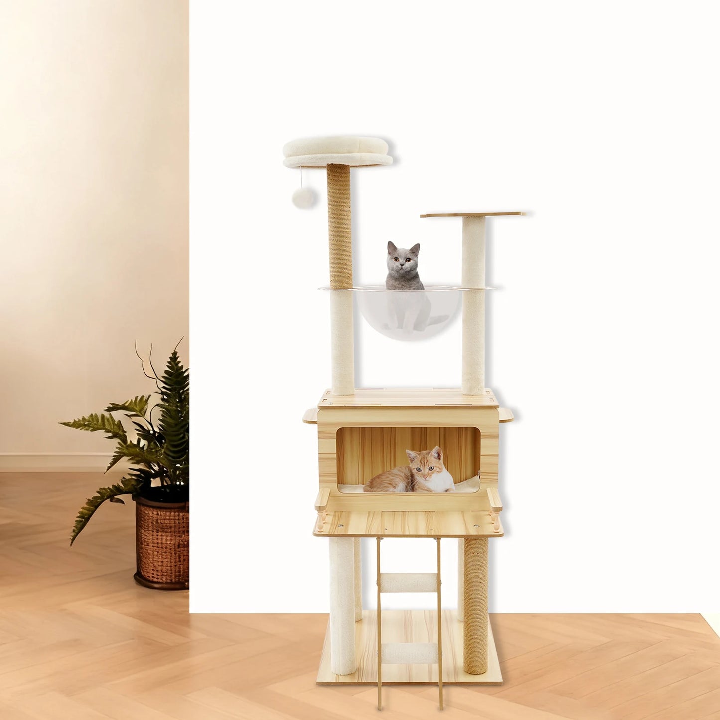 White+Wood Cat Tree for Indoor Cats - 50cm x 50cm x 147cm Cat Scratching Climbing Tower, Floor Mount, 12.83kg Net Weight