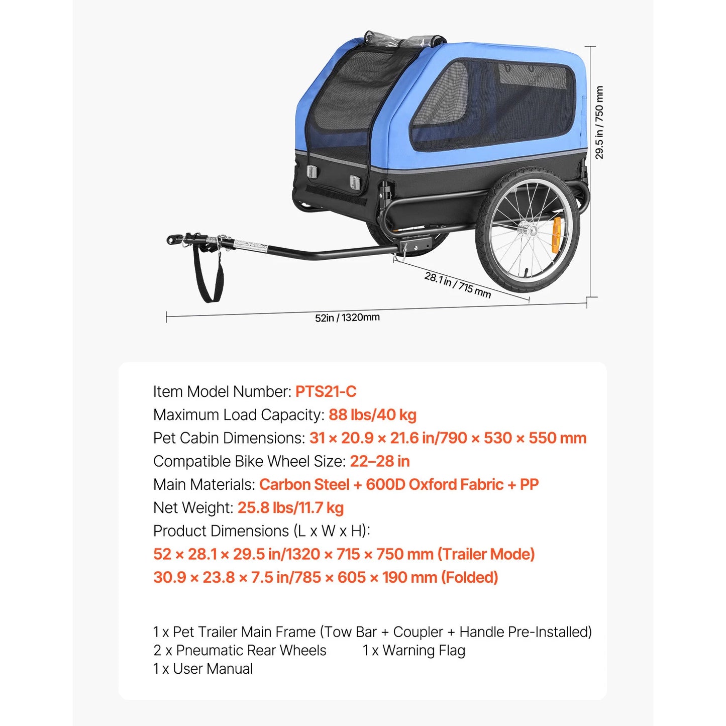 66/88 lbs Dog Bike Trailer Easy Folding Frame Pet Cart Bicycle Carrier with Coupler & Reflector for Small & Medium Dogs