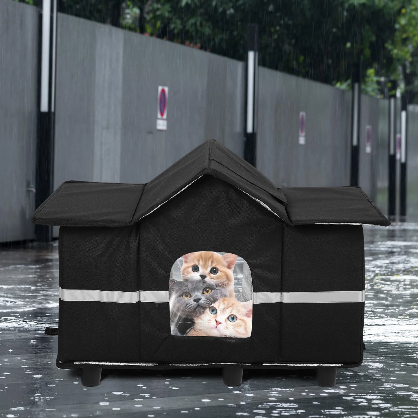 Waterproof Outdoor Elevated Pet House & Roof Window Insulated Cat Shelter Feral Cat House for Stray/Barn Cats with Cozy Cushion