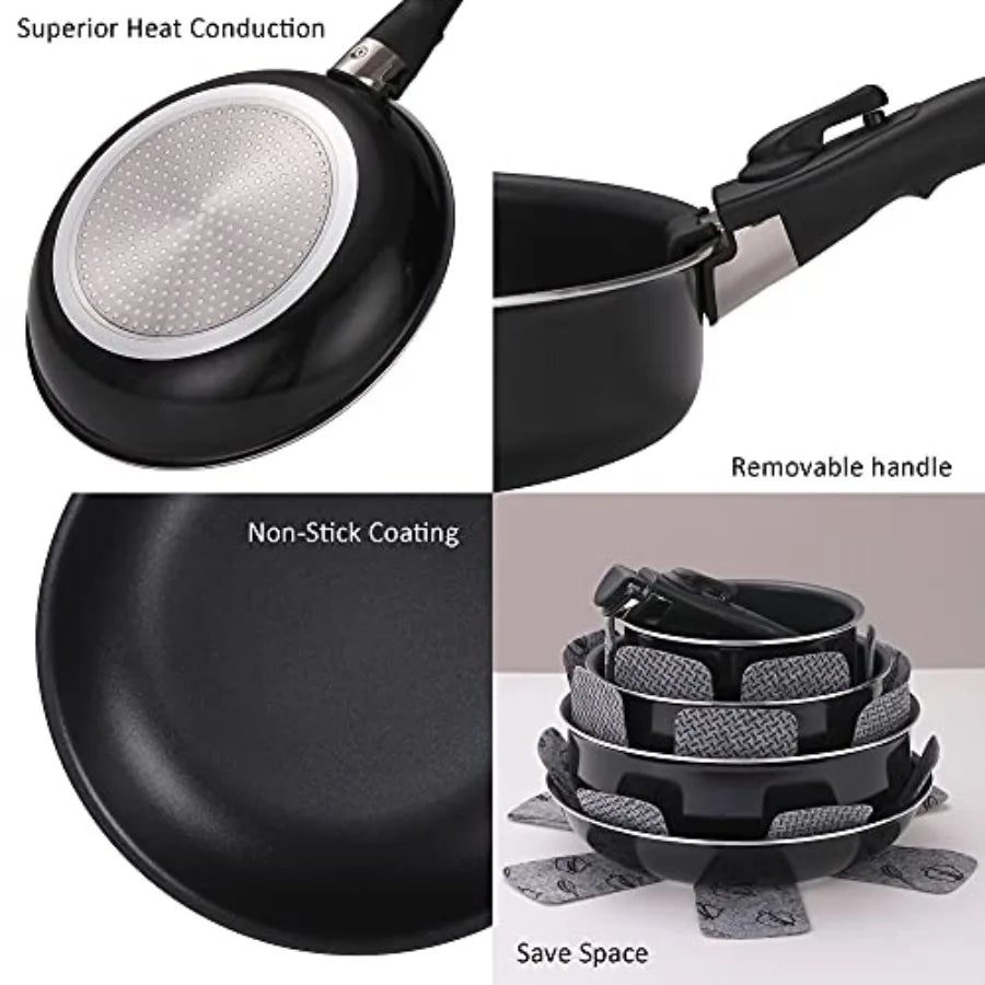 16 Pieces Kitchen Removable Handle Cookware Sets, Stackable Pots and Pans Set Nonstick for Induction, Gas, RVs, Camping Space Saving