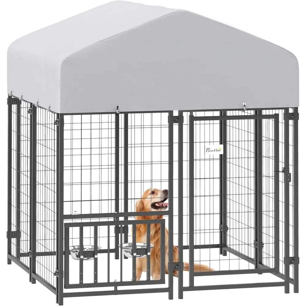4ft Outdoor Dog Kennel with Rotating Bowls, Adjustable Levels, Weather-Resistant Cover for Medium Breeds, Pets, and Poultry