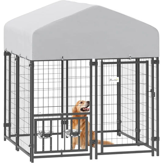 4ft Outdoor Dog Kennel with Rotating Bowls, Adjustable Levels, Weather-Resistant Cover for Medium Breeds, Pets, and Poultry