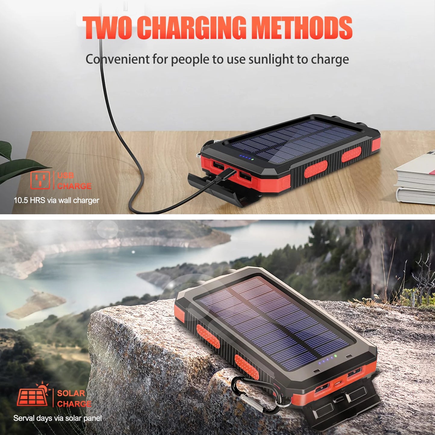 30000mAh Solar Power Bank Portable Charging Powerbank Dual 5V USB Ports 2 LED Light Flashlight for IPhones Outdoor Camping Hiking