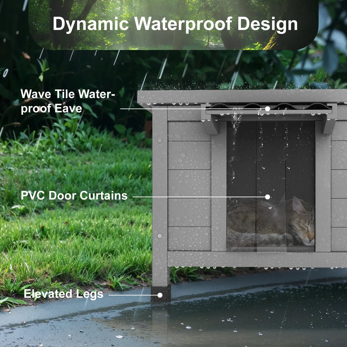 23.6" Wooden Outdoor Cat House, Weatherproof Shelter for Feral Cats, Elevated Feet & Corrugated Roof, Waterproof Cat Shelter for Outdoor Indoor Cats