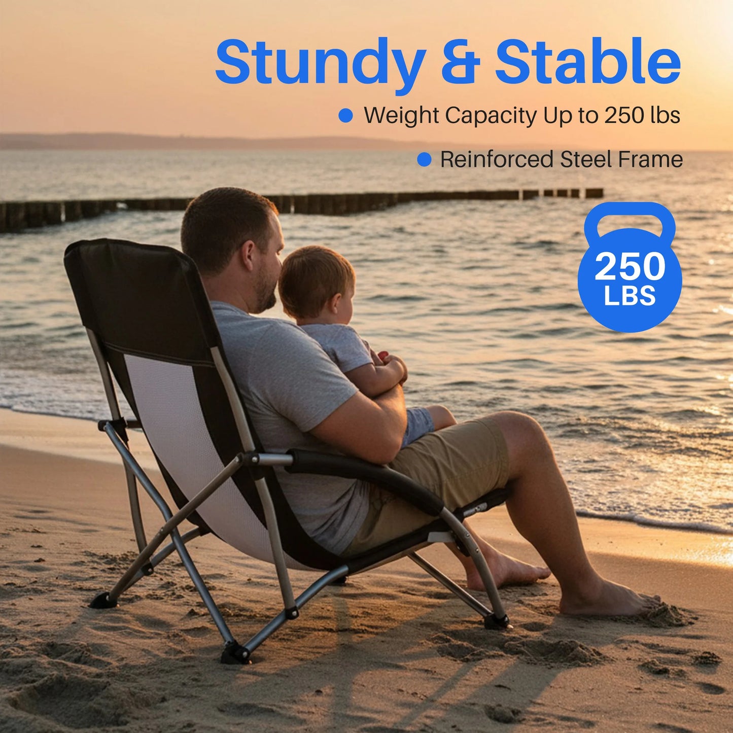 Portable Lightweight Low Camping Beach Chair Mesh Back Padded Armrests Folding Beach Chair with Cup Holder Storage Pocket for Camp Picnic Lawn