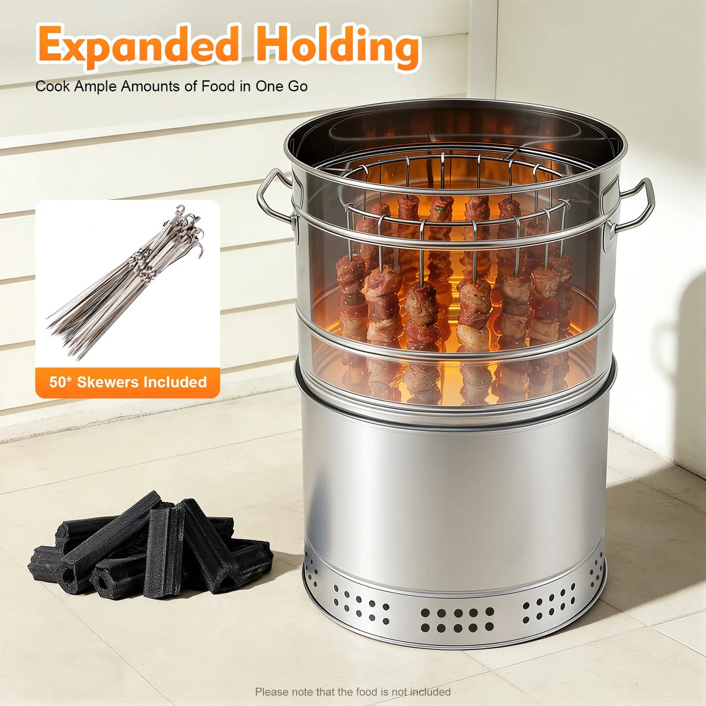 Portable Charcoal Barbecue Grill – 201 Stainless Steel – 16.14"x25.98" – 360° All-Round Grilling – Oil-Carbon Separation – 50 Skewers – Vertical Hanging + Grill Net – Fire Pit – for Camping Party Backyard