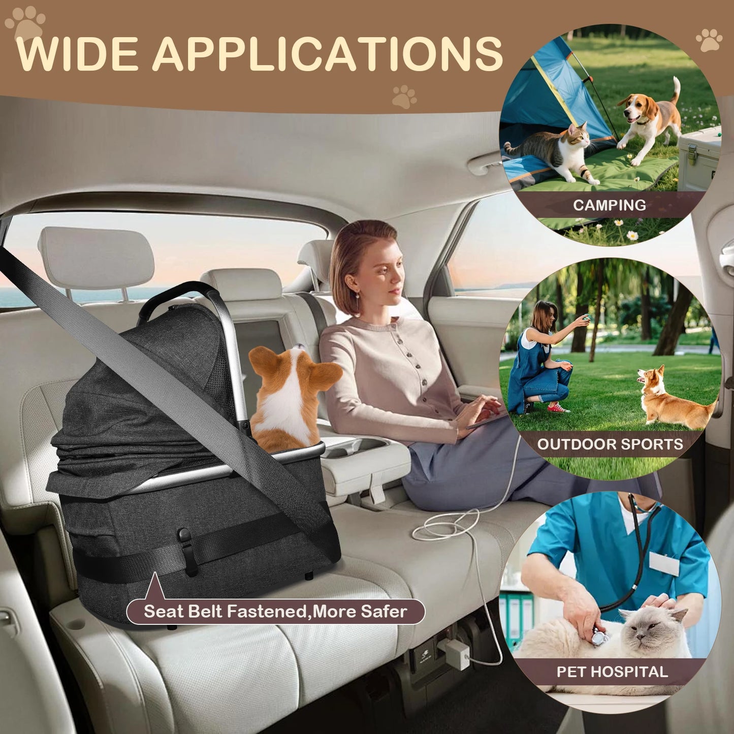 Portable Lightweight Pet Stroller for Medium Dogs - Smooth-Ride 4-in-1 Car Seat Combo with Detachable Carrier Rubber Wheels Quick-Folding for Seniors Cats
