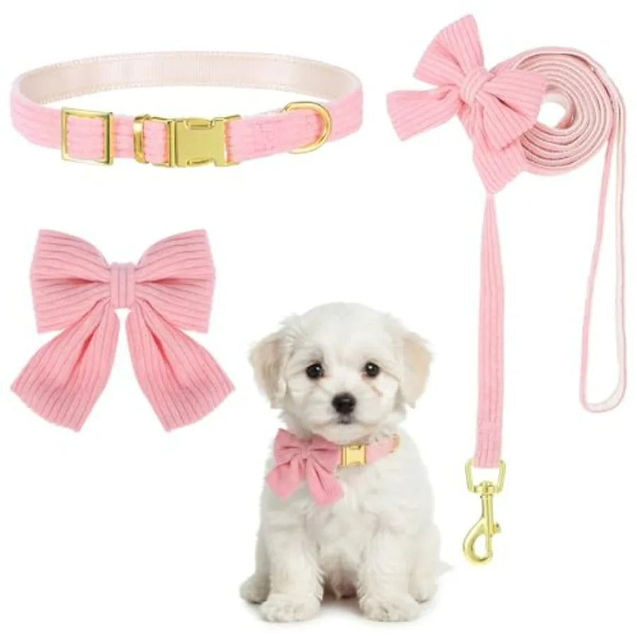 2pcs Dog Collar and Leash Set with Bowtie Cute Small Dog Collar Harness Leash Set Adjustable Breathable Soft Padded for Small Medium Dog Cat