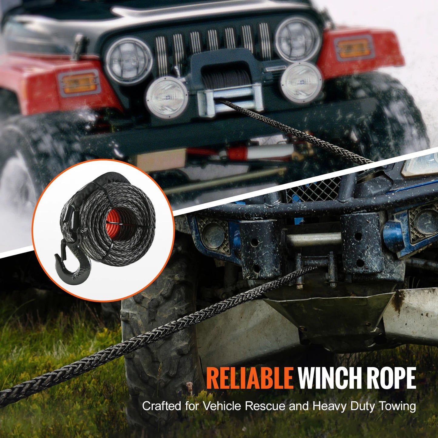 26500/32000Lbs Synthetic Winch Rope Truck Boat Replacement Line Cable Rope with Forged Hook ATV Car Outdoor Accessories