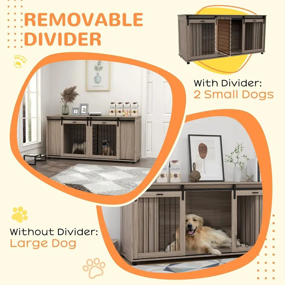 71 Walnut Double Door End Table Crate for Small Dogs or Large Dog with Removable Divider