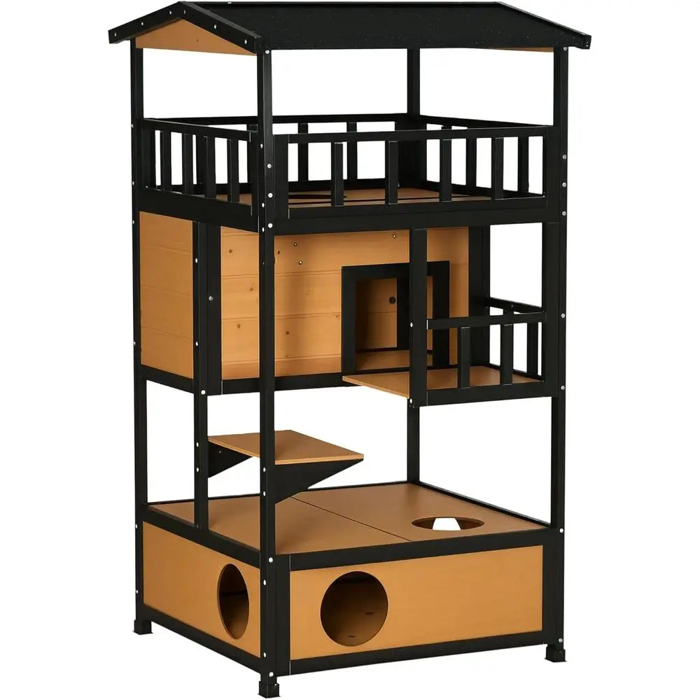 Wooden Outdoor Cat House, Feral Cat Shelter Kitten Condo with Asphalt Roof, Ese Do, Condo, Jumping Platform, Yellow