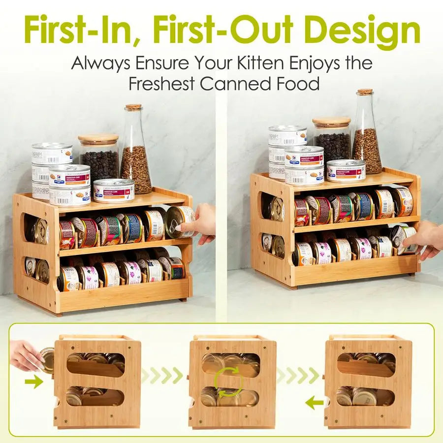 Upgraded Cat Food Organizer, Cat Food Can Organizer, Can Organizer for Pantry, Cat Food Storage, Bamboo, Holds 36 3oz Cans
