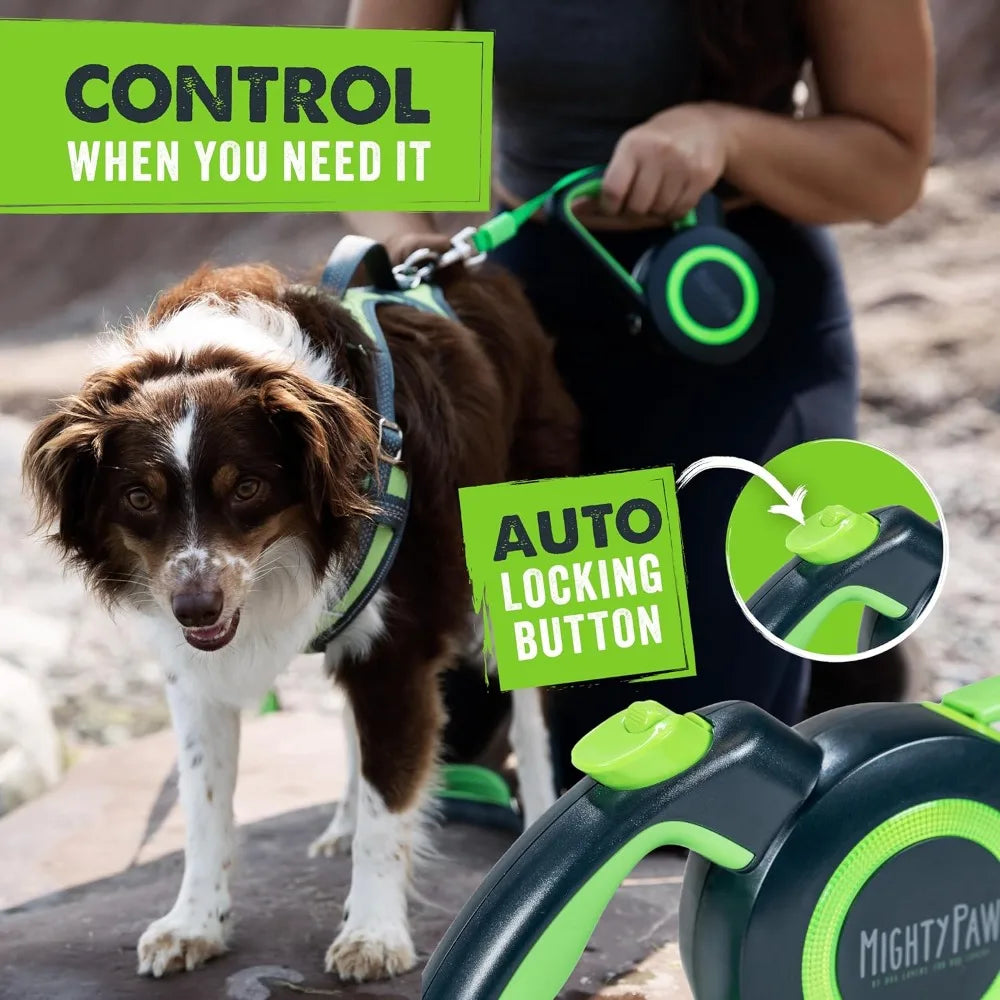 Retractable Dog Leash 16ft Heavy Duty Reflective Nylon for Small & Medium Dogs, Tangle-Free with Quick-Lock Brake & Anti-Slip Handle (Green/Lite)