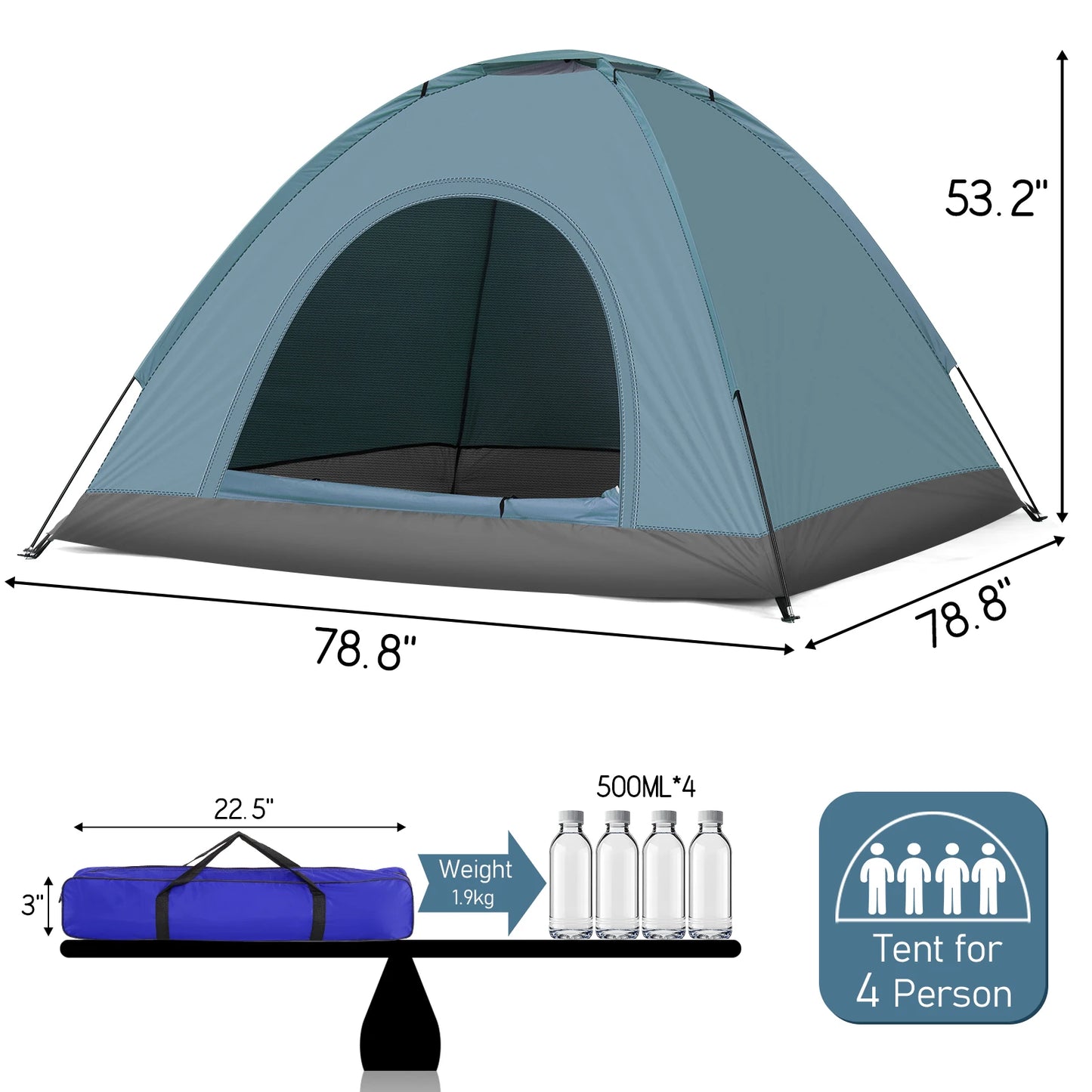 3/4 Person Camping Dome Tent Waterproof UV Proof 180T Silver Coated Polyester Fiberglass Poles Portable Carrying Bag for Outdoor