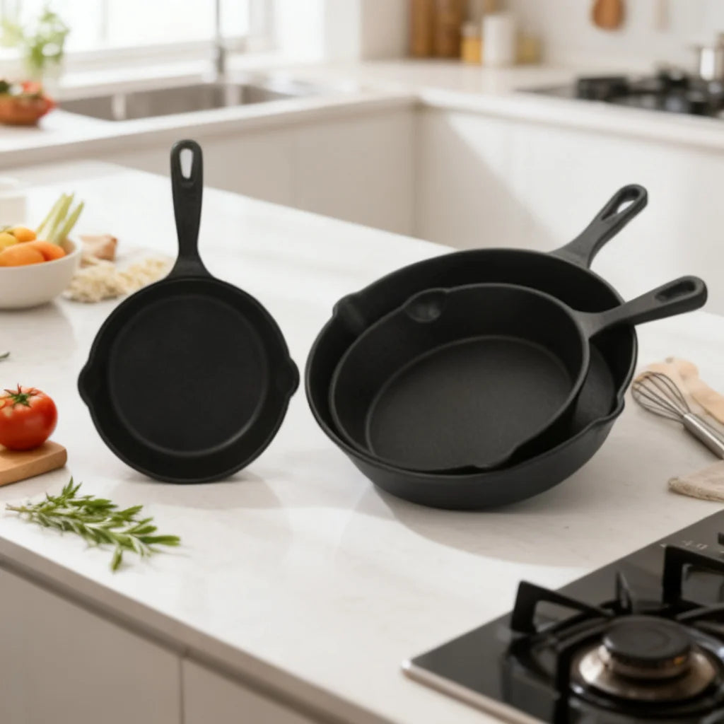 Durable Cast Iron Skillet Set 3-Piece 16cm 20cm 26cm Frying Pan Set for BBQ Grill Stove Cooking Indoor Outdoor Must Have