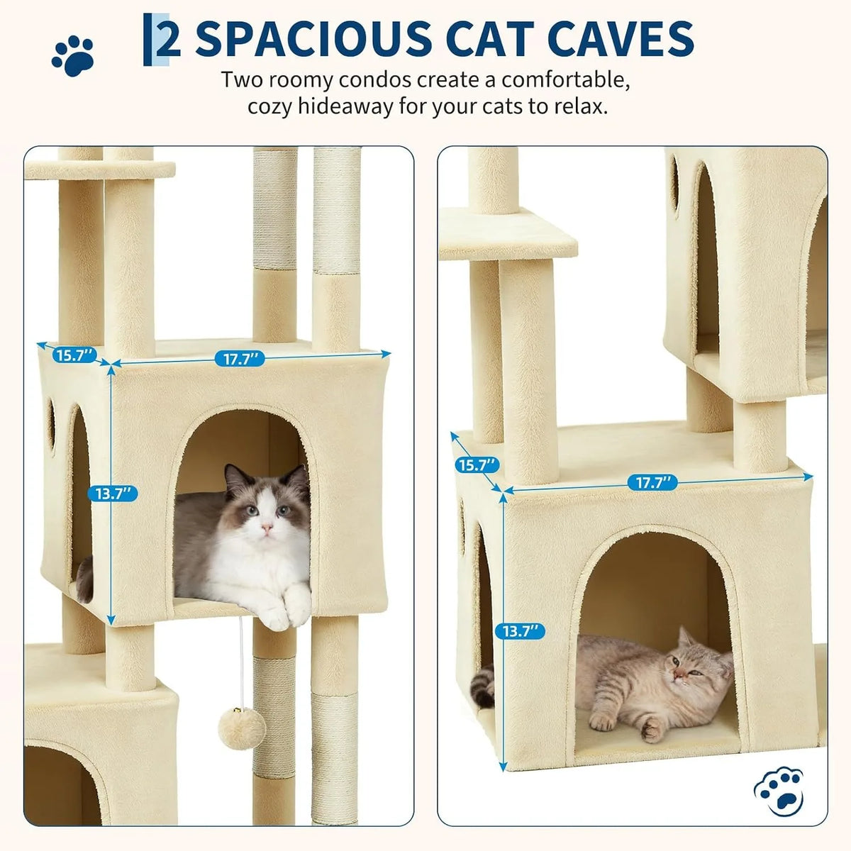 61-Inch Large Cat Tree Tower with 7 Scratching Posts, 2 Cat Condos, Top Perch Multi-Level Cat Climbing Tree Furniture with Hanging Toys Anti-Toppling Design for Indoor Cats Multi Cat Homes