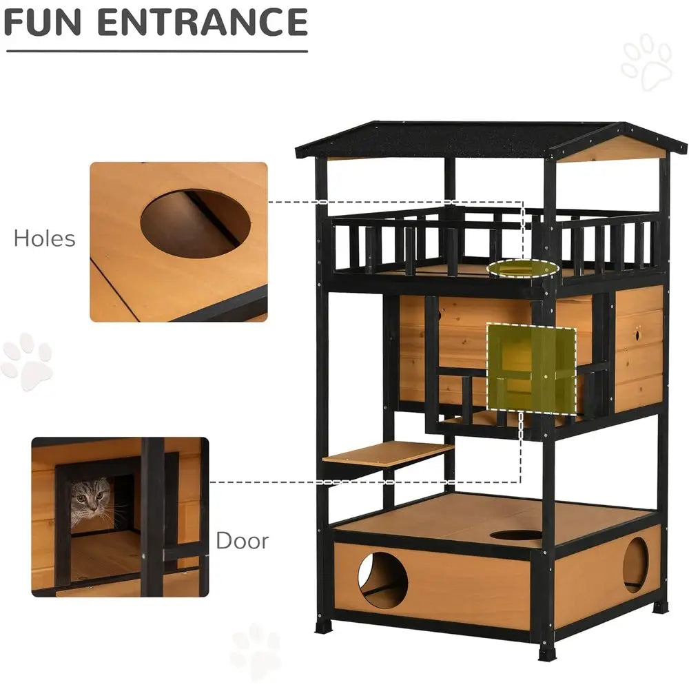 Wooden Outdoor Cat House, Feral Cat Shelter Kitten Condo with Asphalt Roof, Ese Do, Condo, Jumping Platform, Yellow