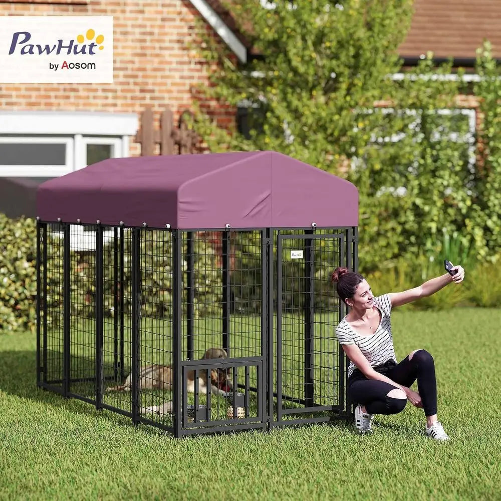 Outdoor Dog Kennel with Roof, 8' x 4' x 6' Heavy Duty Welded Wire Dog Playpen Enclosure with Escape-Proof Lock, Adjustable Bowls, UV-Protected Roof