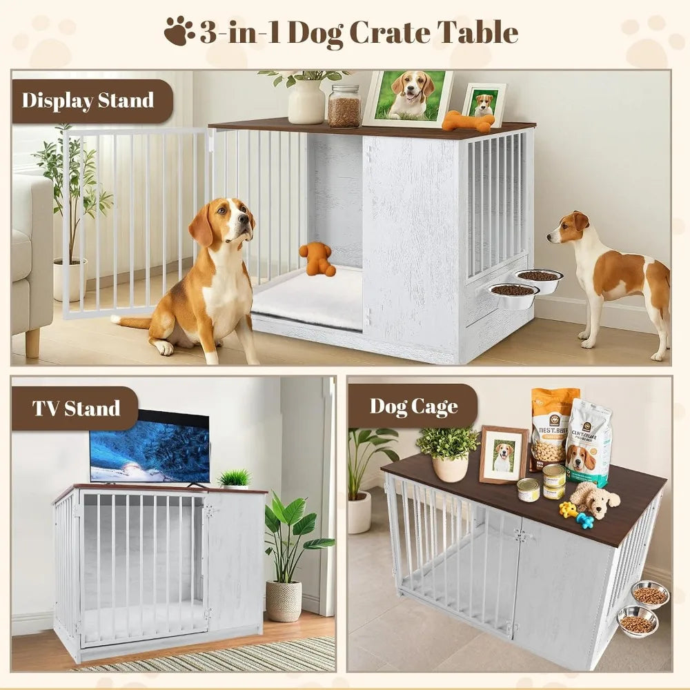 36" Wooden Dog Crate Furniture for Large Dogs, 270° Swivel Door, 360° Rotating Feeder, Double Locks, White
