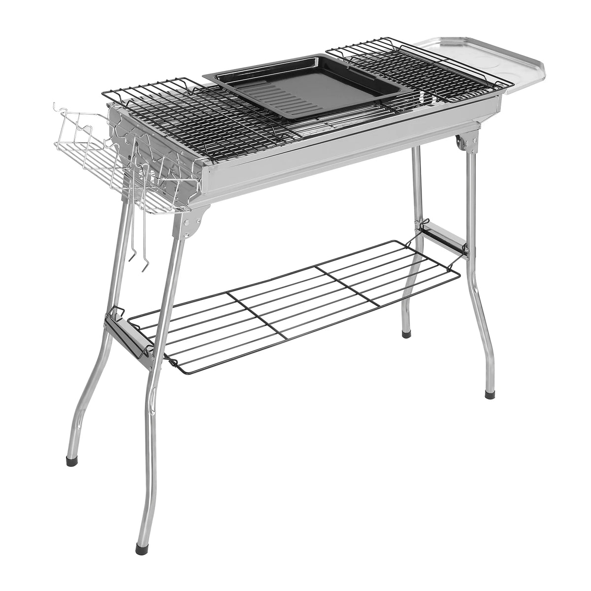 Portable Stainless Steel BBQ Grill with 2 Stainless Steel Grids Carbon Mesh Baking Tray for Home Outdoor Camping Silver