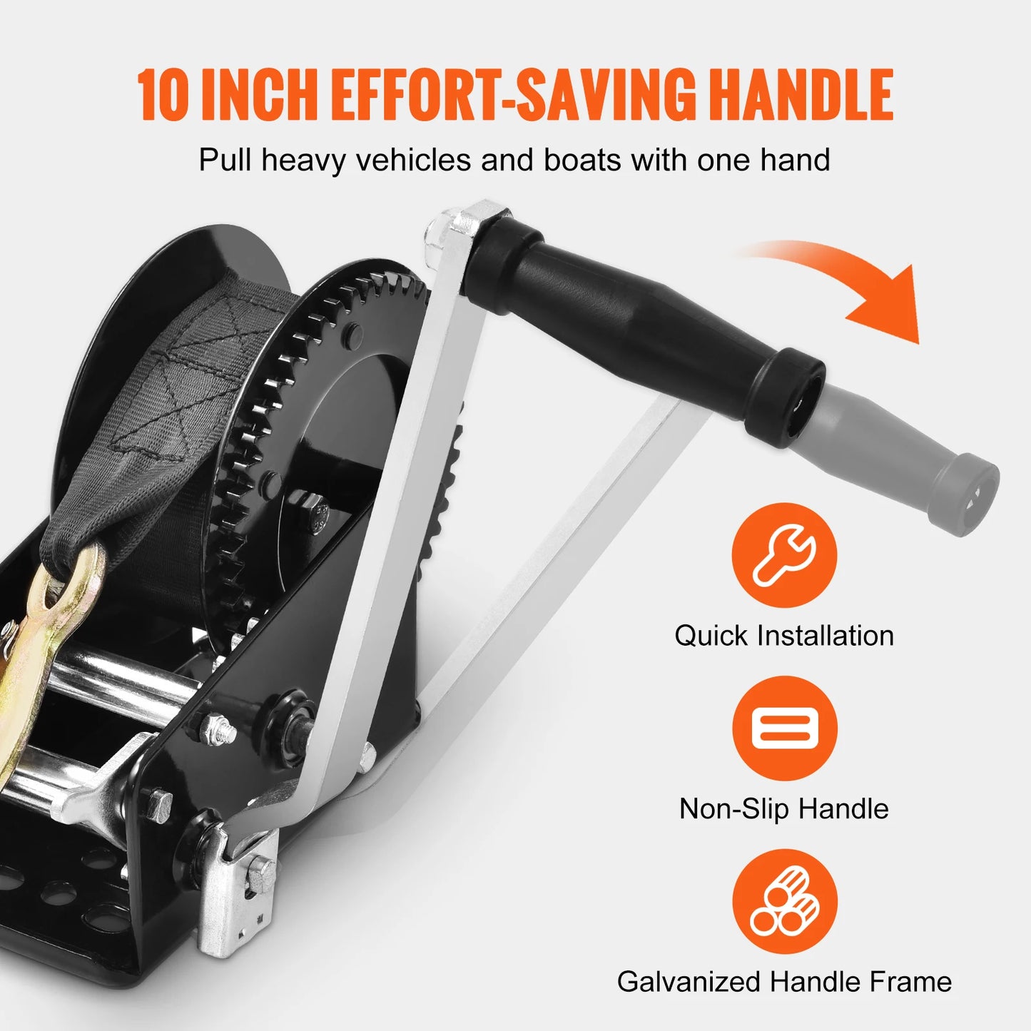 Hand Winch Boat Trailer Winch Heavy Duty Rope Crank Polyester Strap & Two-Way Ratchet Manual Operated Hand Crank Winch