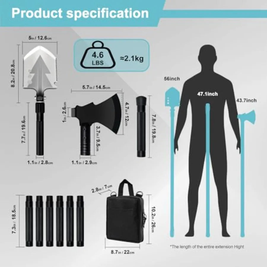 20 in 1 Multitool Survival Kit Camping Shovel Military Axe 55" Trekking Pole Foldable Spade with Portable Bag and Hatchet