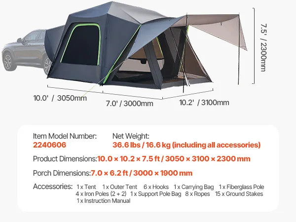 SUV Tent for Camping Waterproof PU2000mm Spacious Double Layer Design SUV Camping Tent with Shade Awning, Mesh Windows
