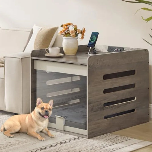 Modern Dog Crate Furniture with Charging Station, Medium Kennel Indoor with Flip-up Hidden Acrylic Door, for Small and Medium Dogs