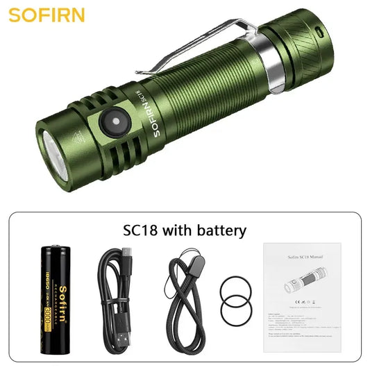 SC18 1800lm EDC Flashlight USB-C Rechargeable SST40 LED 18650 Torch TIR Optics Lens Lantern with Power Indicator