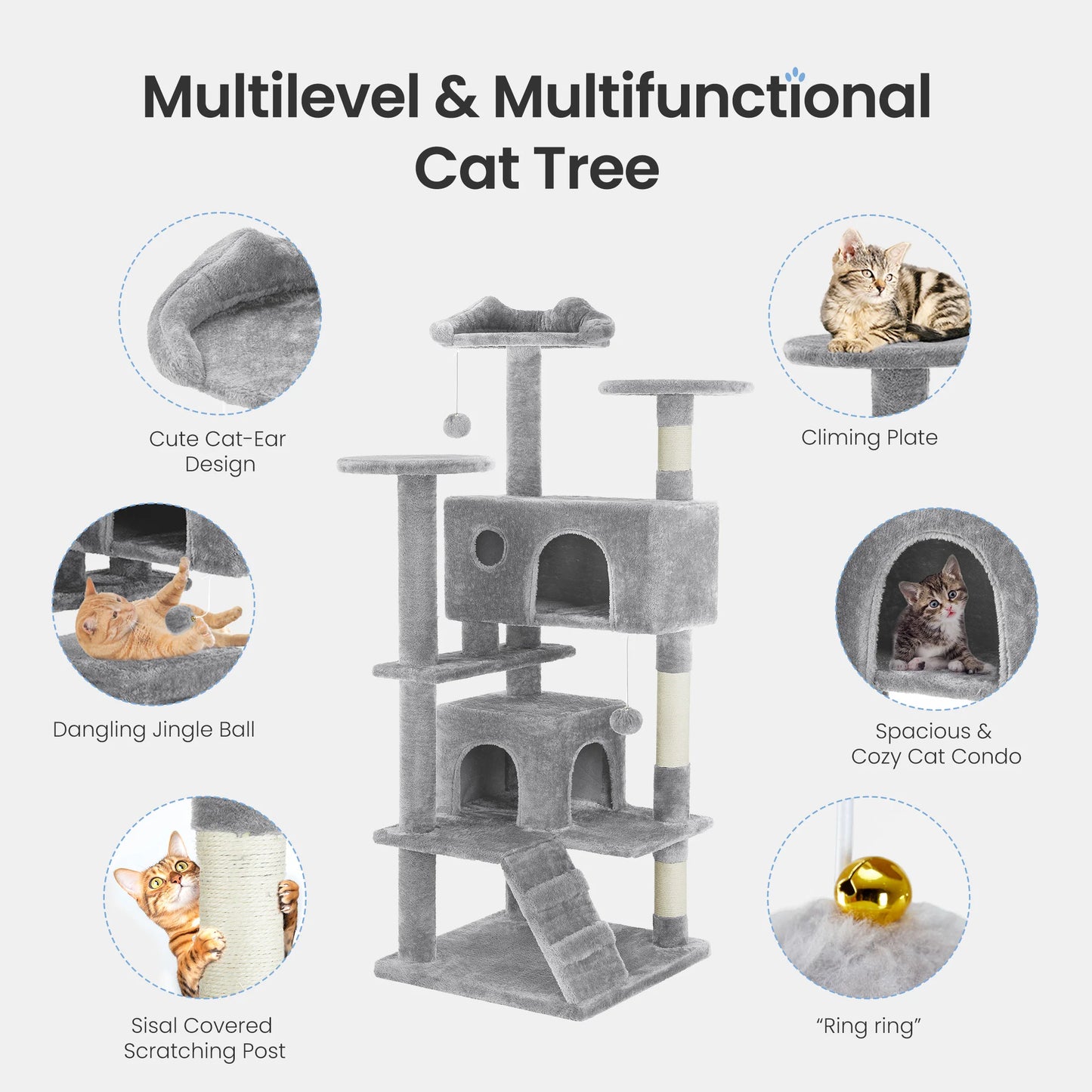 54" Indoor Cat Tree Tower Multi-Level with Sisal Scratching Post Round Platform Condo with Climbing Ladder Toys For Home