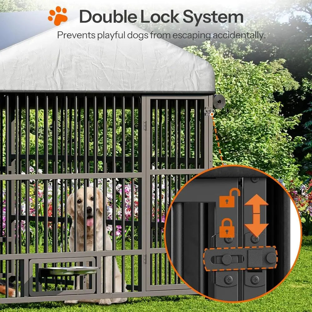 Durable Outdoor Dog Kennel with Waterproof Cover and Rotating Feeding Bowls for Medium to Large Dogs