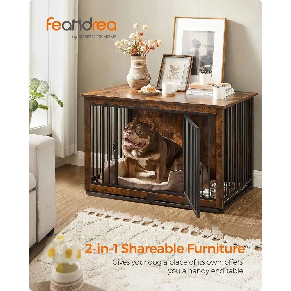 Rustic Brown 38 Dog Crate with Removable Tray, Suitable for Dogs up to 70 lbs, Double Door Kennel Furniture