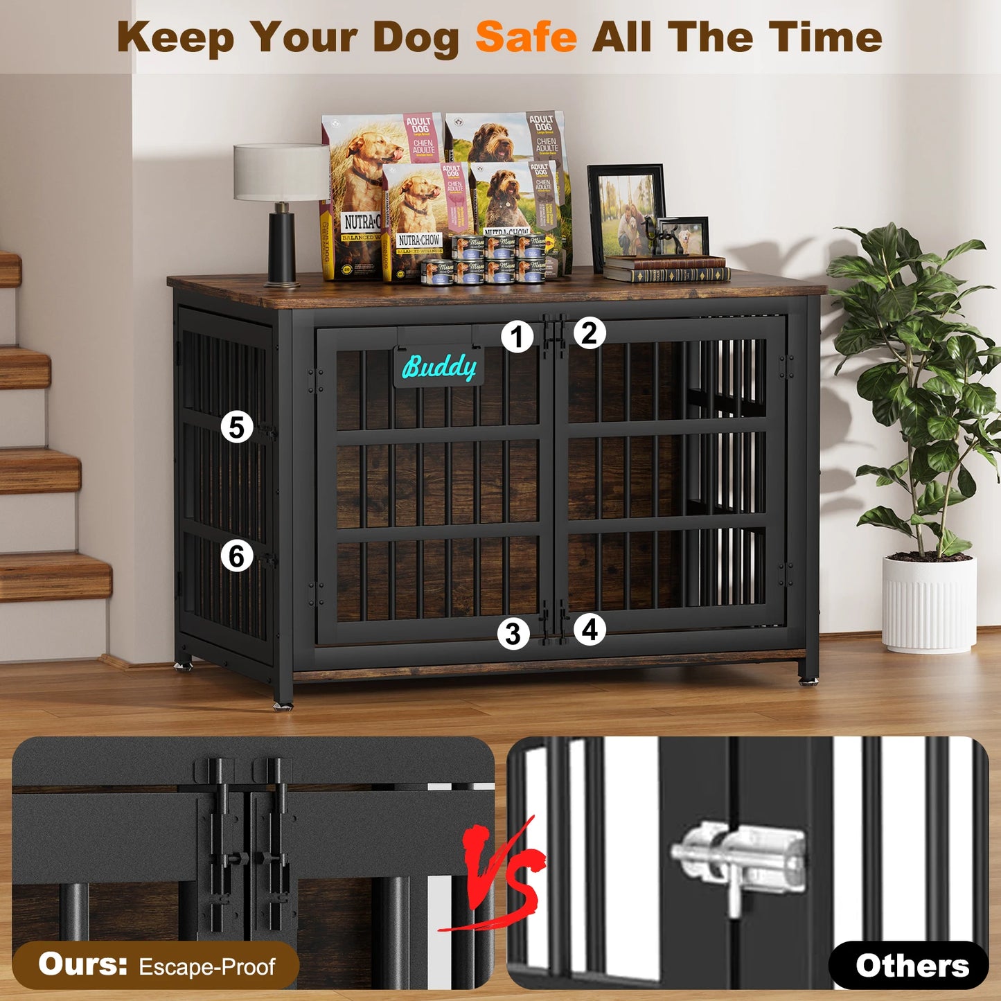 Dog Crate Furniture with Casters, Heavy Duty Dog Kennel Indoor for Large and Medium Dogs, Decorate House as TV Stand, Bedside Table