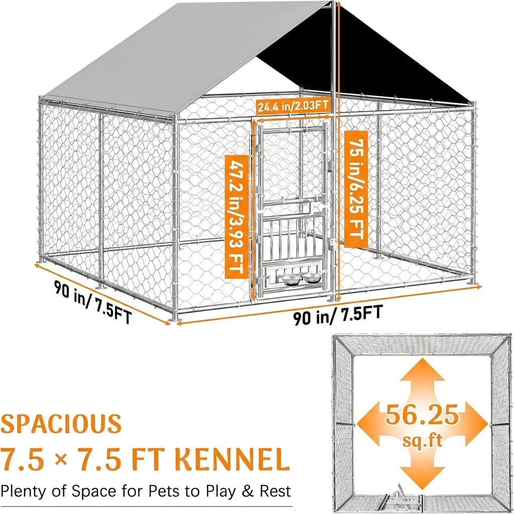 Dual-Openning Door Designed Heavy Duty Large Outdoor Dog Kennel with 200D Waterproof UV-Resistant Roof and 360° Rotate Dog Bowls