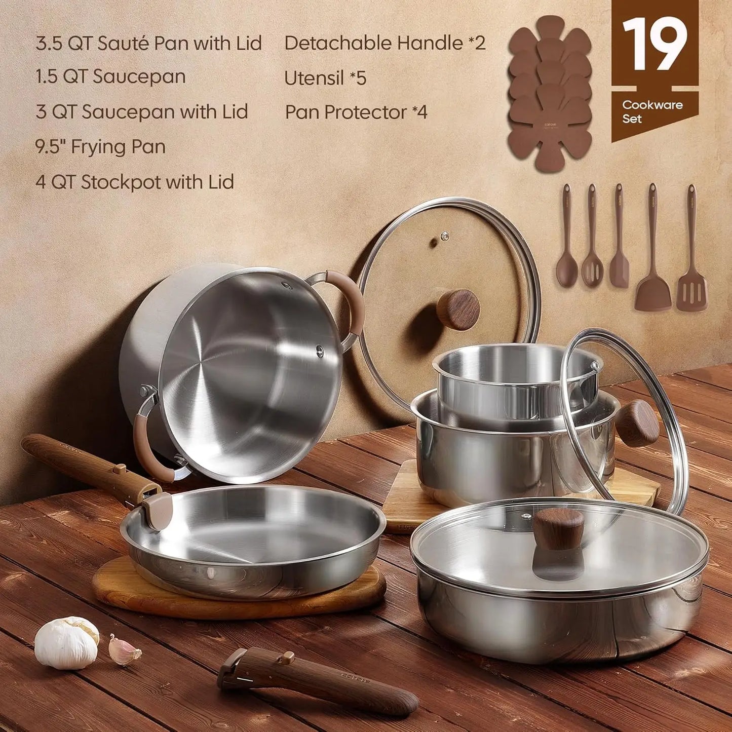 19pcs Stainless Steel Cookware Set with Detachable Handle, Pots and Pans Set, Induction Kitchen Cooking Sets, RV/Camping Cookware