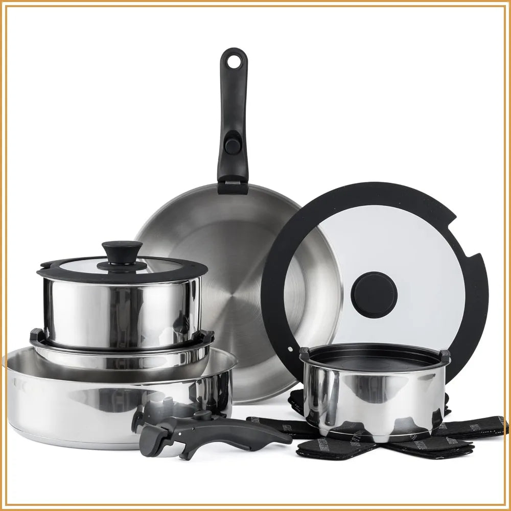 Country Kitchen Cookware Set with Removable Handle, Oven & RV Safe Pots and Pans Set, Stainless Steel