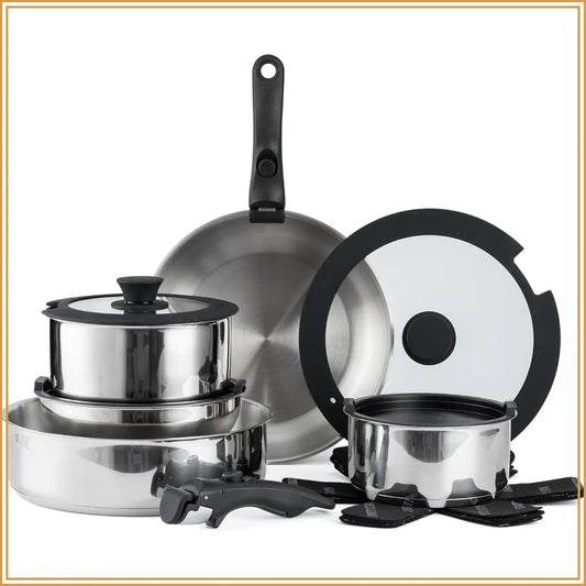 Country Kitchen Cookware Set with Removable Handle, Oven & RV Safe Pots and Pans Set, Stainless Steel