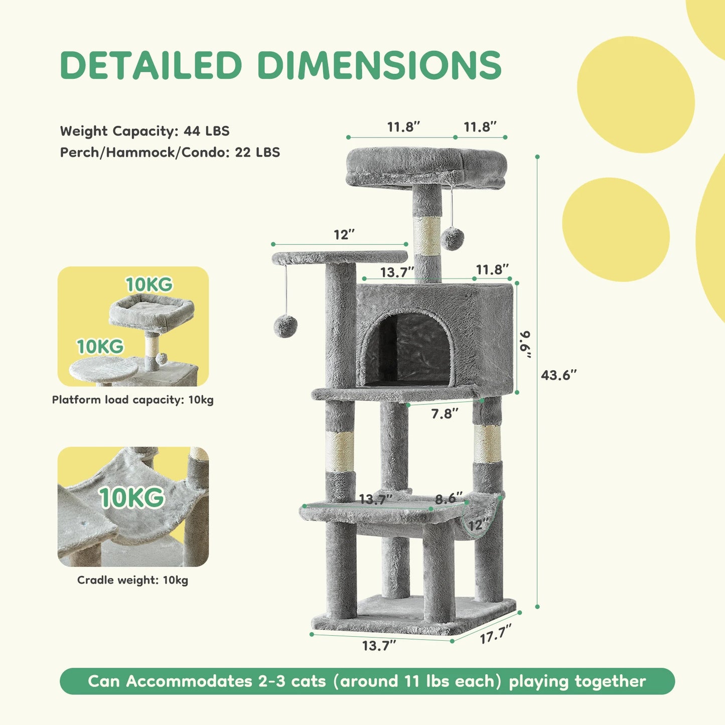 44" Cat Tree Tall Multi-Cat Climbing Tower for Pet Furniture Natural Sisal Scratching Posts Stable Pet House for Indoor Cat