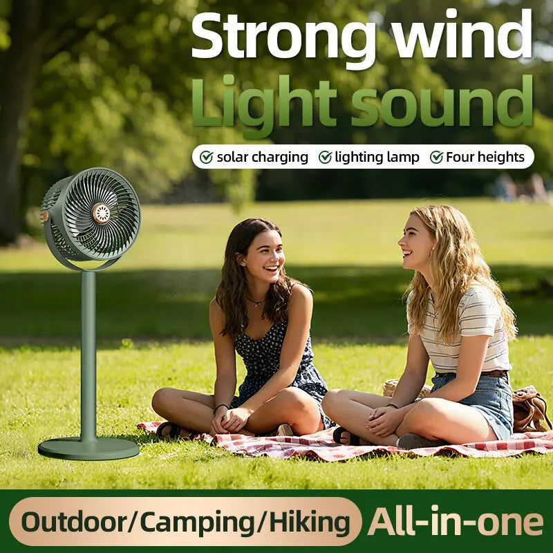 Portable Solar Fan, Multifunctional Camping Fan, Solar Panel or USB Rechargeable Fan, 5 Wind Speeds, 4 Adjustable Heights Floor Fan/Table Fan, Can Charge Mobile, Suitable for Indoor and Outdoor Activities and Emergencies.