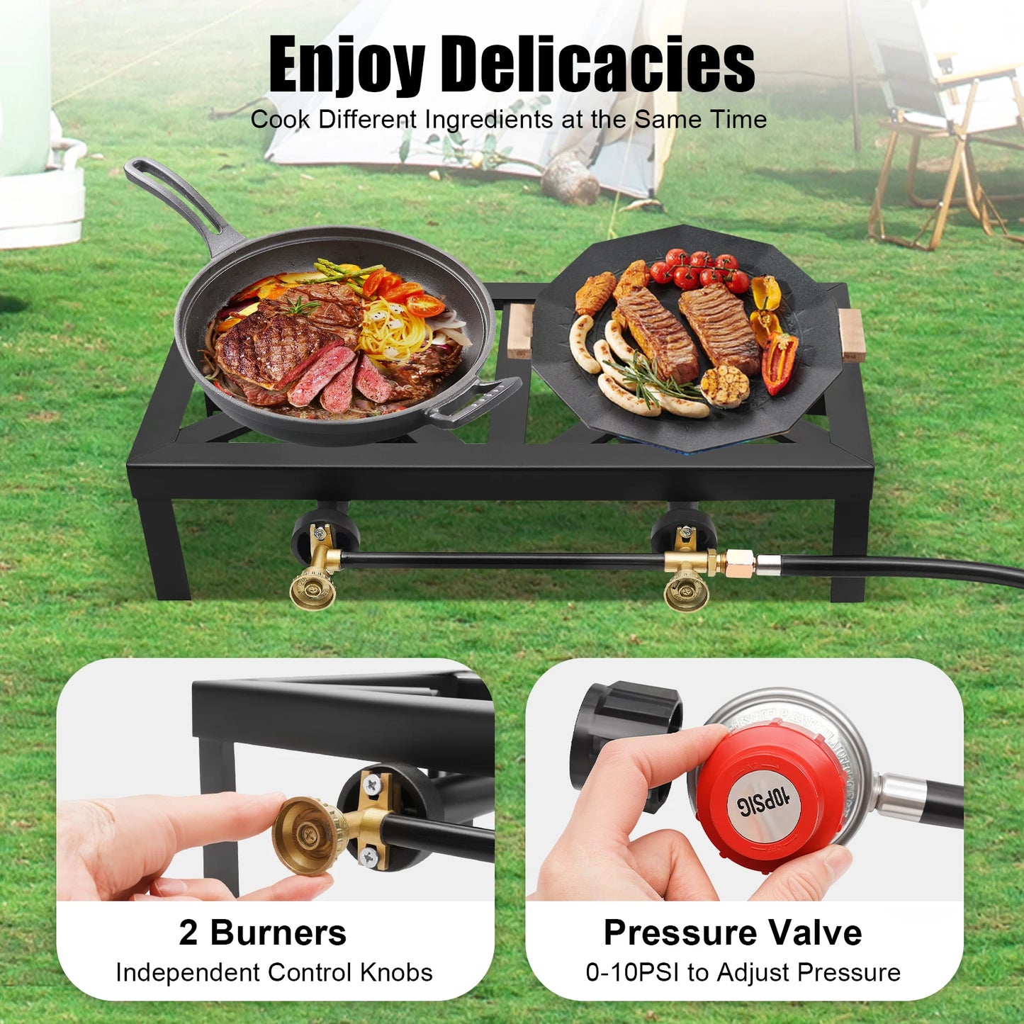 8000W Portable Double Burner Outdoor Gas Stove Propane Cooker with Adjustable 0-10Psi Regulator Hose for Patio Camping, BBQs
