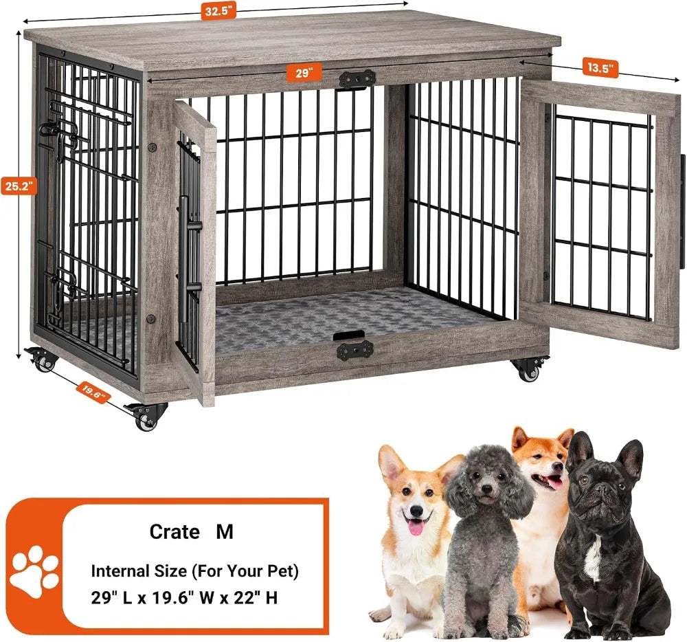 32'' Dog Crate Furniture for Medium Dogs, Indoor Kennel with Cushion & Wheels, Wooden End Table, Grey