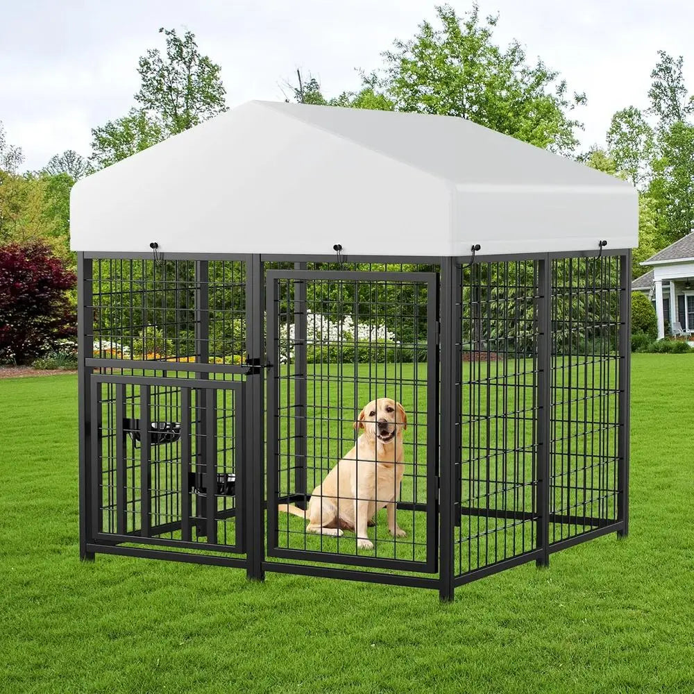 Large Dog Kennel Outdoor Pet Pens Dogs Run Enclosure Animal Hutch Metal Coop Fence with Roof Cover (4'L x 4'W x 4.25'H)