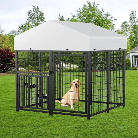 Large Dog Kennel Outdoor Pet Pens Dogs Run Enclosure Animal Hutch Metal Coop Fence with Roof Cover (4'L x 4'W x 4.25'H)