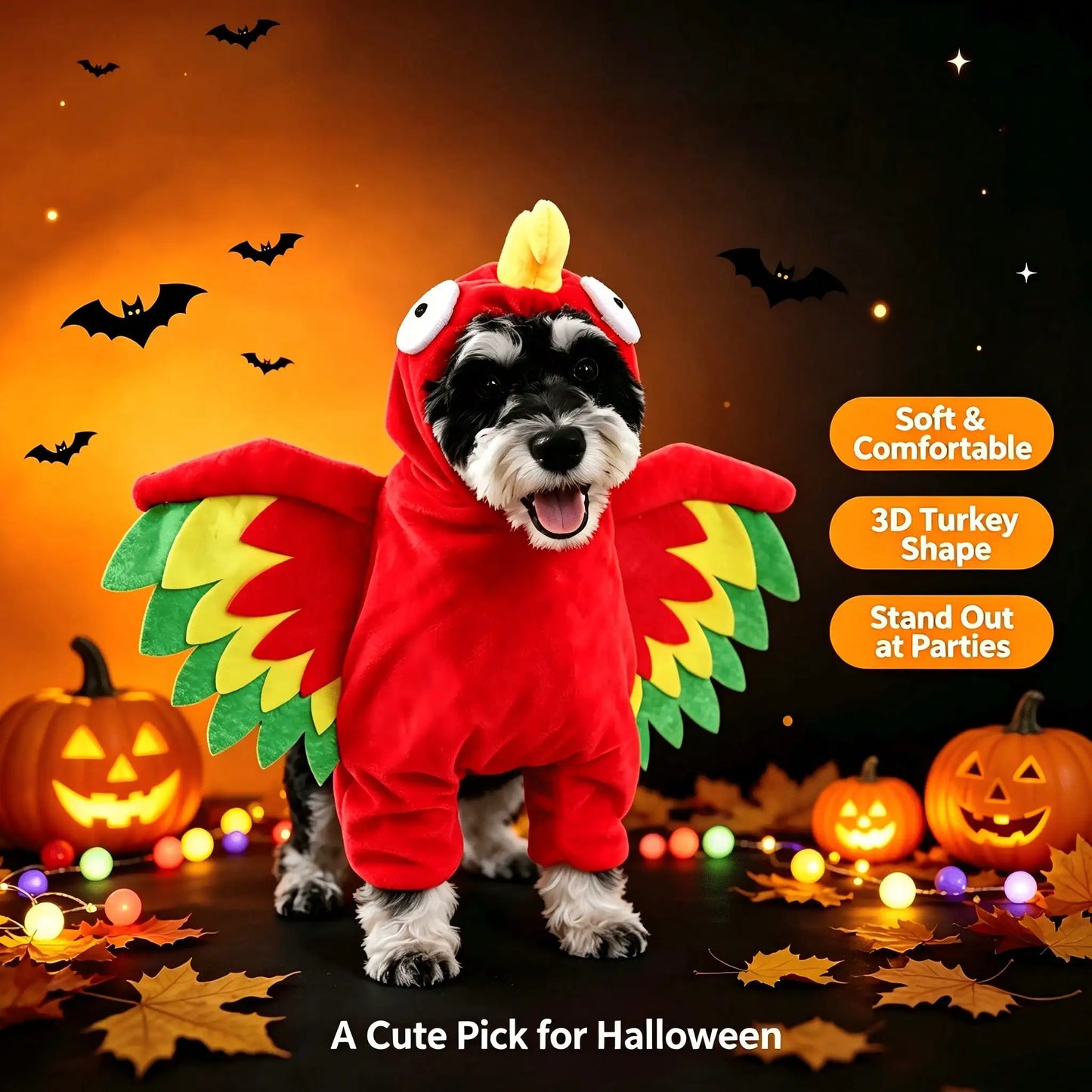 Halloween Pet Turkey Standing Costume With Colorful 3D Wings, Funny Red Bird Standing Outfit For Small And Medium Dogs