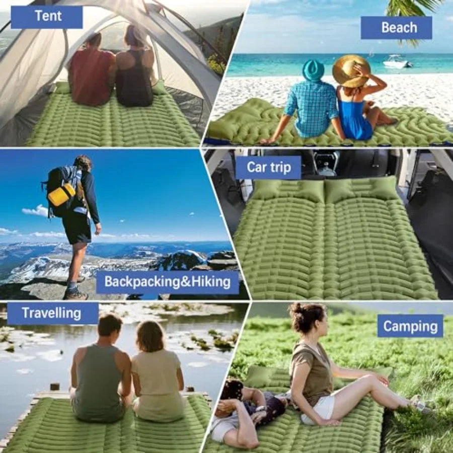 Double Sleeping Pad for Camping - Ultralight Camping Mattress with Pillow Built-in Feet Pump Compact Inflatable 2-Person Portable