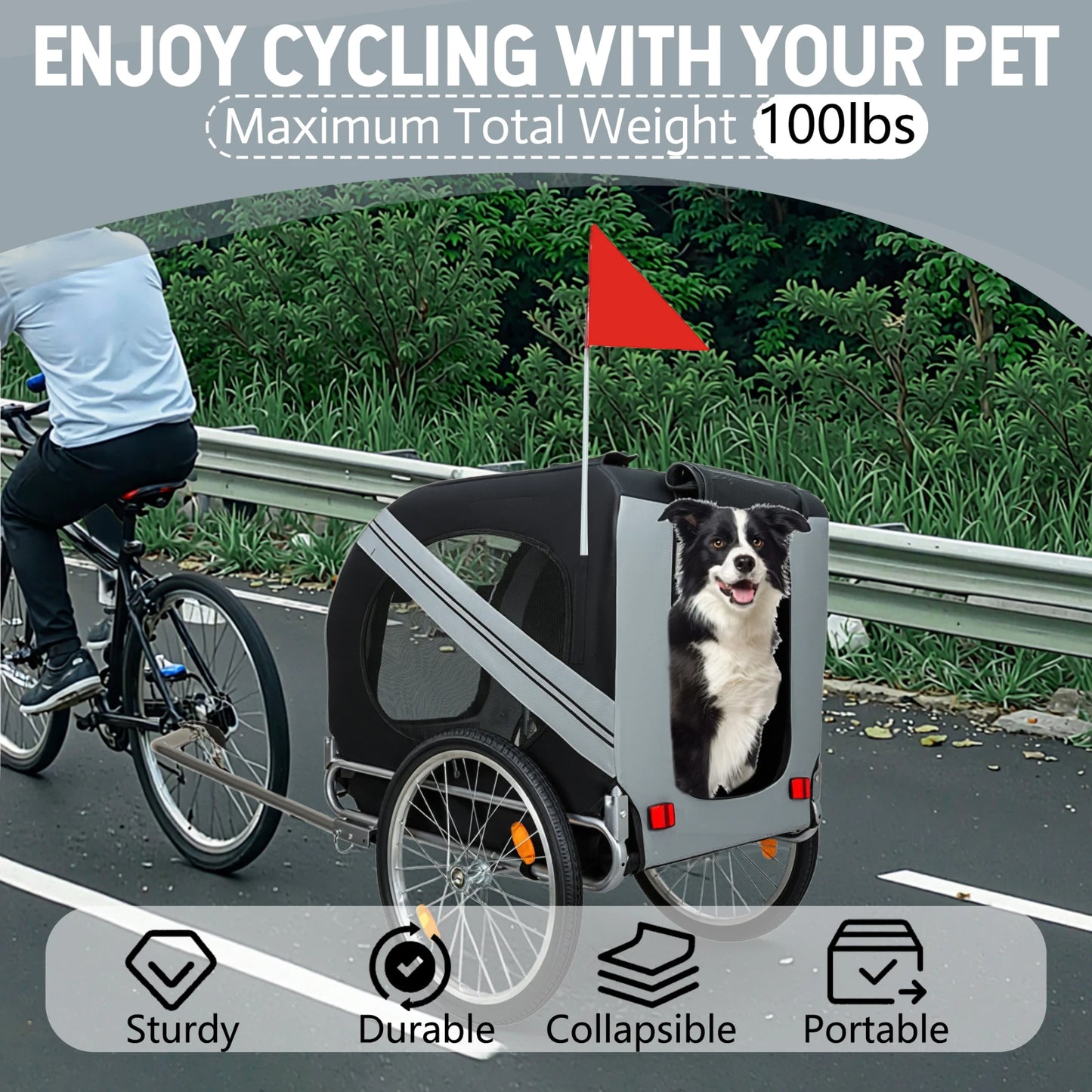 2-in-1 Bike Trailer & Push Cart for Pets - All-Terrain Pet Carrier & Durable Steel Frame, 66LB Capacity for Cycling, Camping