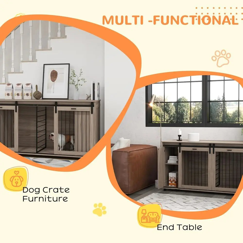 71 Walnut Double Door End Table Crate for Small Dogs or Large Dog with Removable Divider
