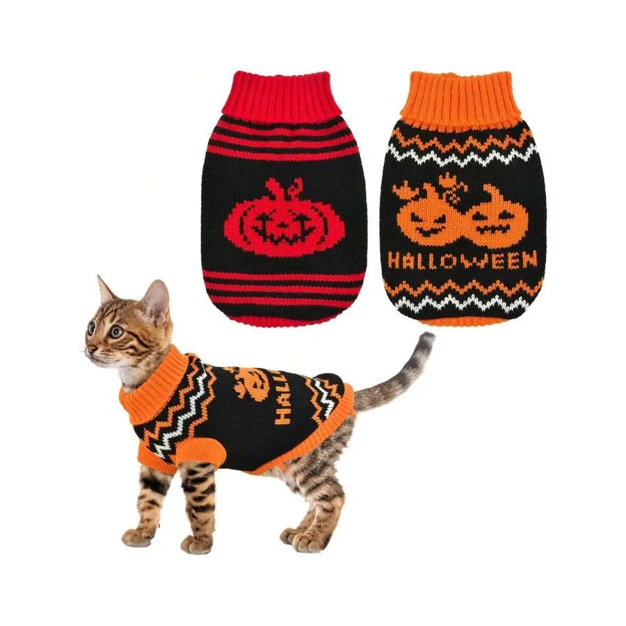 【New style】2-Pack Halloween Dog Sweater Cat Pumpkin Knitwear Clothes Costume With Cute Pumpkin Pattern Pet Warm Halloween Strip