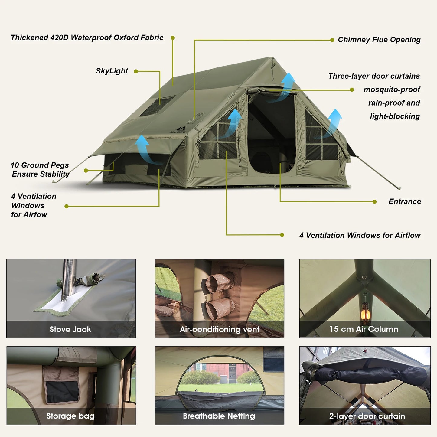 Army Green Waterproof Windproof Inflatable Tent for Camping, 4 Season Air Glamping Tent House with Chimney Opening, AC Vent