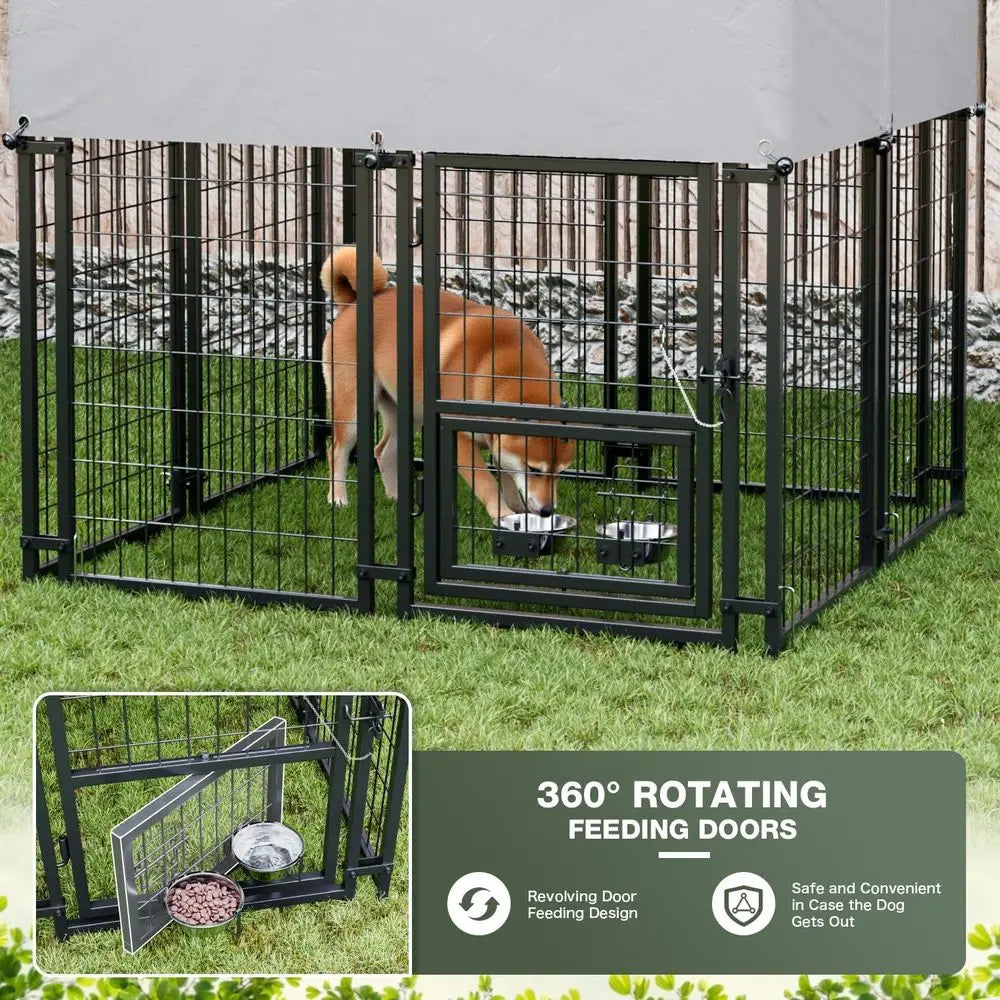 Sturdy Steel Outdoor Dog Kennel with Lockable Door, Weather-Resistant Roof, and Rotating Bowls for Various Dog Sizes
